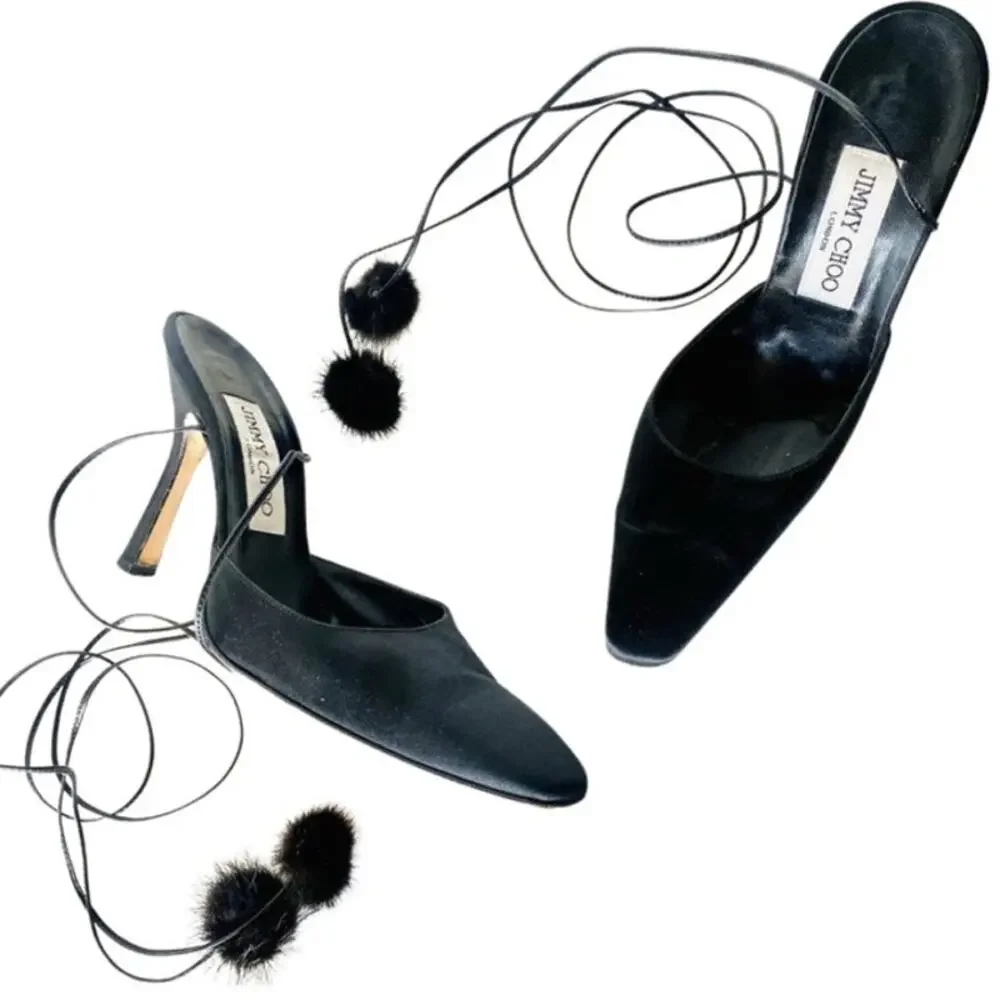JIMMY CHOO Classic Black Pointy Toe Open Fur Pom Tie Wrap Heeled Mules Shoes 36